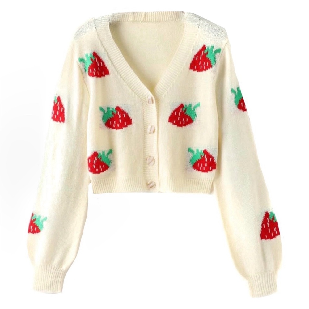 Shein Strawberry Print Cropped Length Button Up Cardigan Knitted Sweater Top